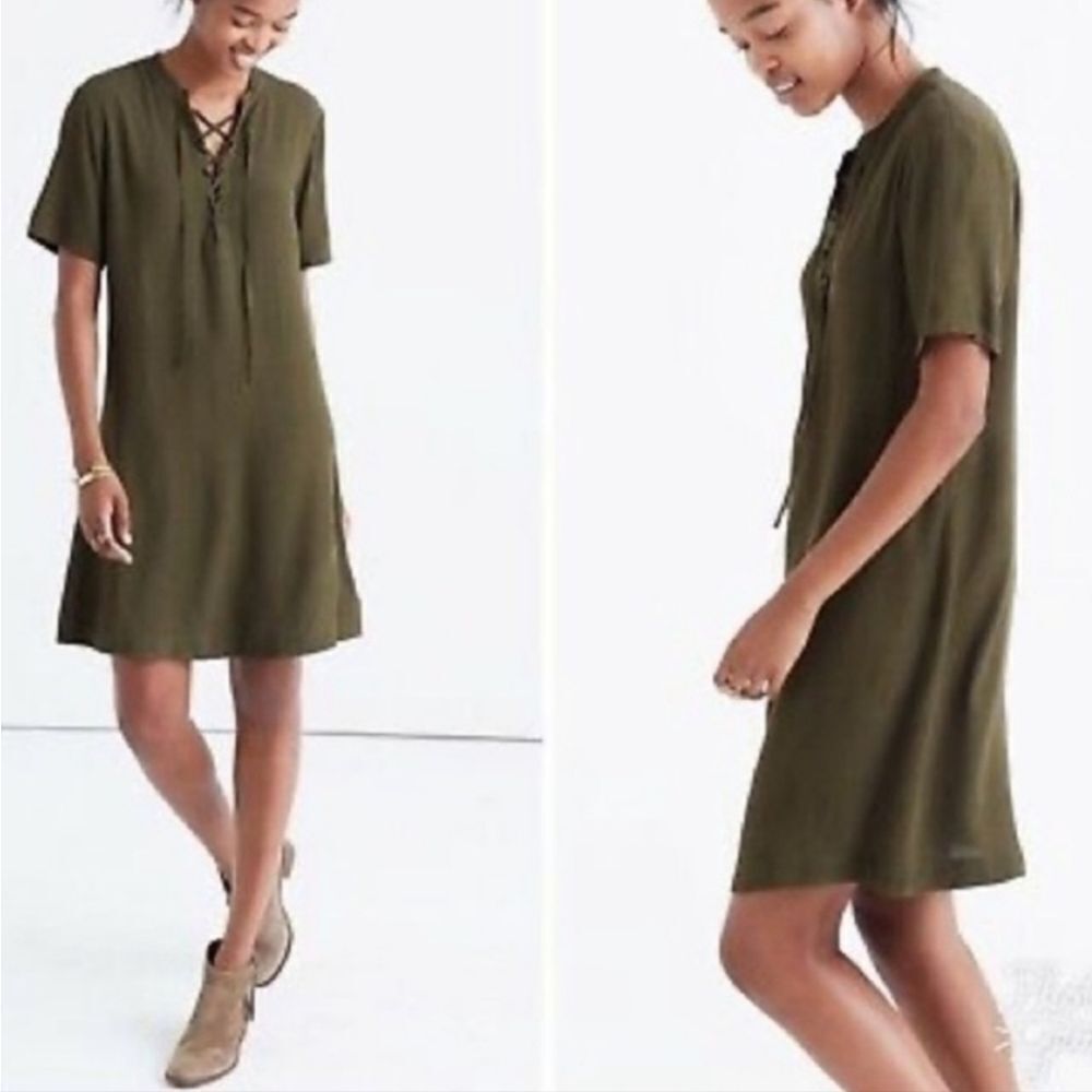 Madewell Olive Green Lace Up Shift Dress Boho T Shirt Mini Sz M Novella - Picture 2 of 14